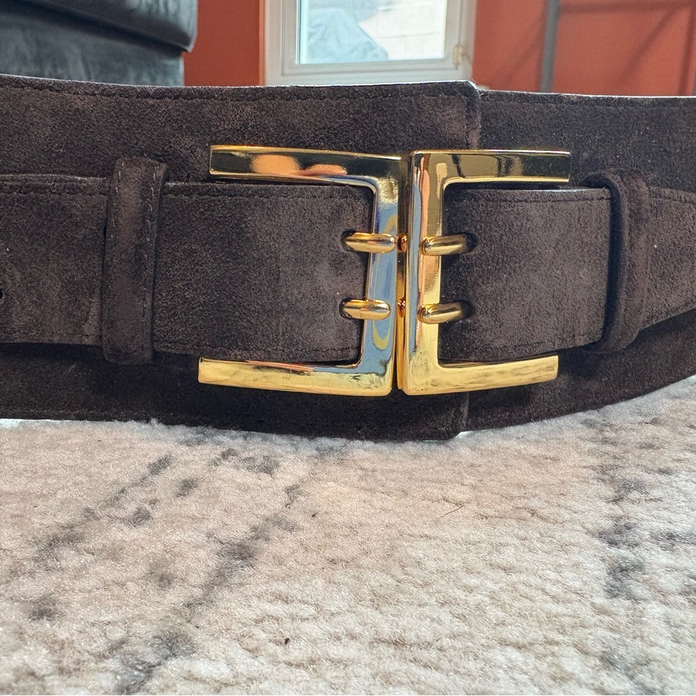 Ellen Tracy Wide Brown Suede Belt with Gold Double Buckle